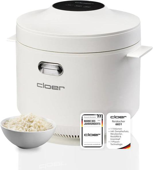 cloer ryżowar, Zmywarka, 1 l, 350 W, gorący uchwyt, para, 7 faz gotowania, funkcja hot hold do 24 h