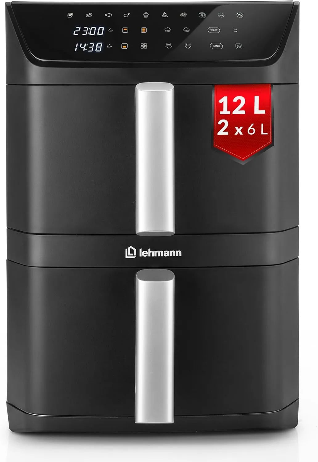LEHMANN, Suszarka do gorącego powietrza, 12 l, 2800 W, 10 programów, 40 do 230°C, XXL 12 l, dotyk, powłoka nieprzylegająca, ekran dotykowy