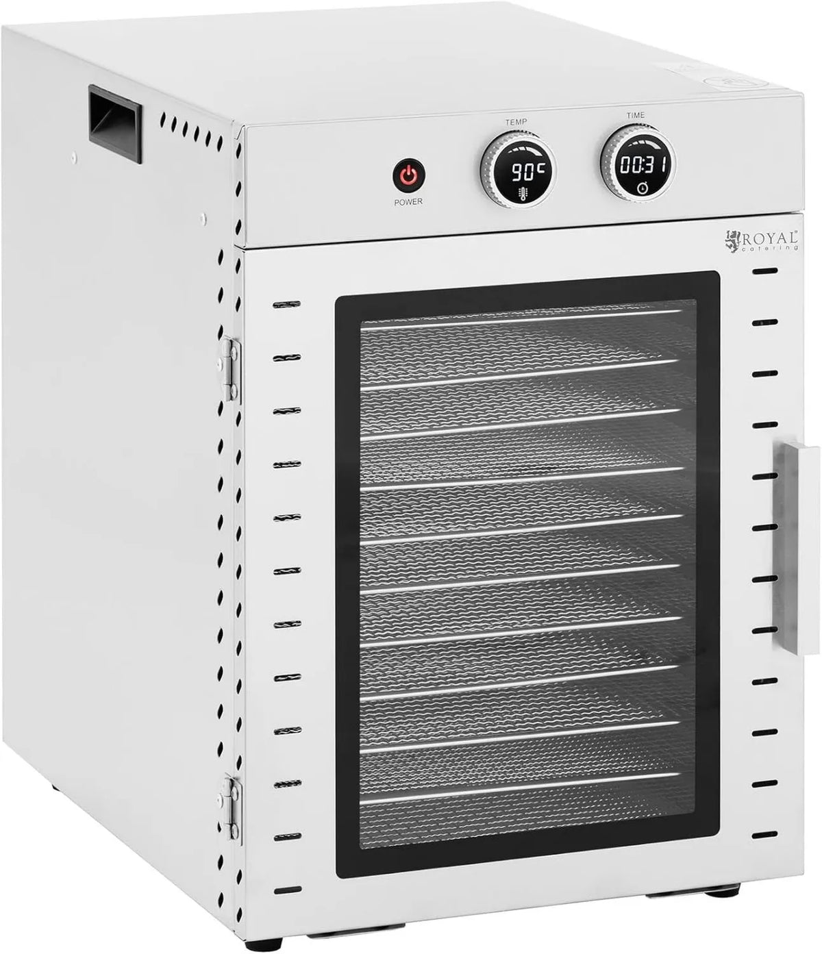 Royal Catering suszarka do żywności, W 12 Automatyczne odwodnienie 1000 pięter 40 l minutnik do 24 h 20- 90°C Stal nierdzewna Do wołowiny Jerky Apple pierścienie