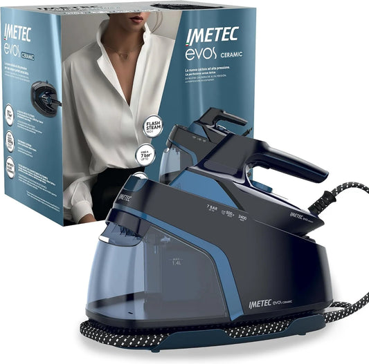 Imetec generator pary, XXL 1 Zbiornik, Niebieski i Czarny, do profesjonalnego, Evo Ceramiczny Centrale para 2400 W, 7 Barów, Szybkie i wydajne prasowanie, Odzież z wybielaczem